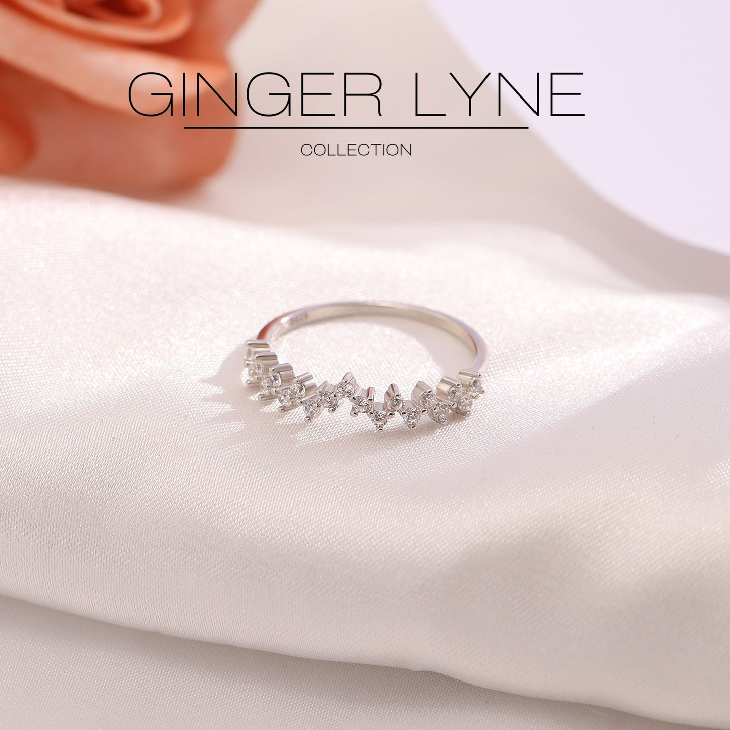 Viviana Half Eternity Ring for Women Sterling Silver CZ Anniversary Band Stackable Chevron Curve by Ginger Lyne