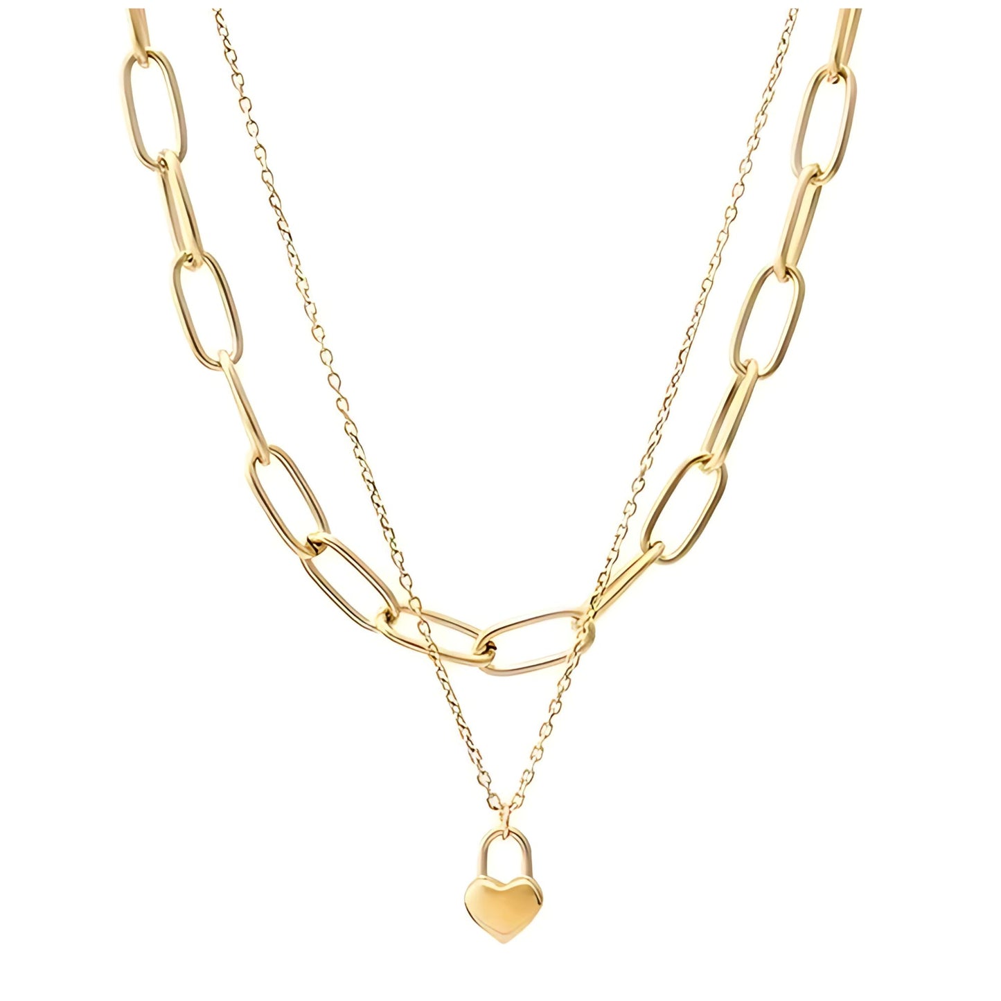 PaperclipChainLayeredNecklaceforWomenHeartLockPendantGoldoverStainlessSteelAdjustableupto21"_Necklace-Gold-1
