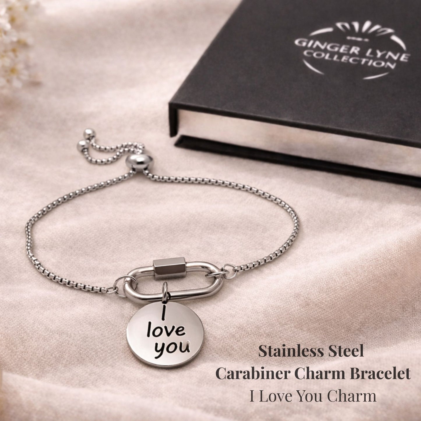 Carabiner Charm Bracelet with I Love You Charm by Ginger Lyne Adjustable Stainless Steel Chain - Silver Tone