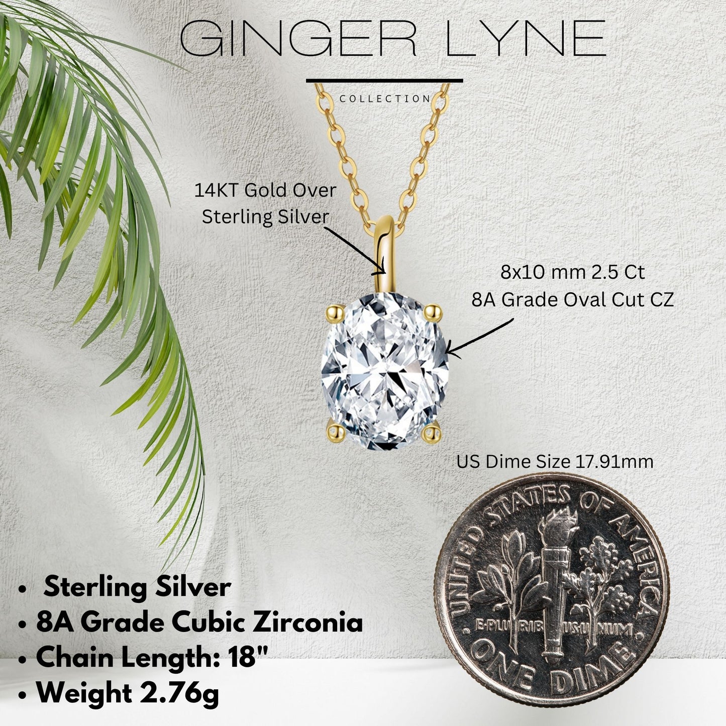 OvalSolitaireNecklaceforWomenSterlingSilver2.5Ct8ACubicZirconiaPendant18"ChainbyGingerLyne_Gold-5