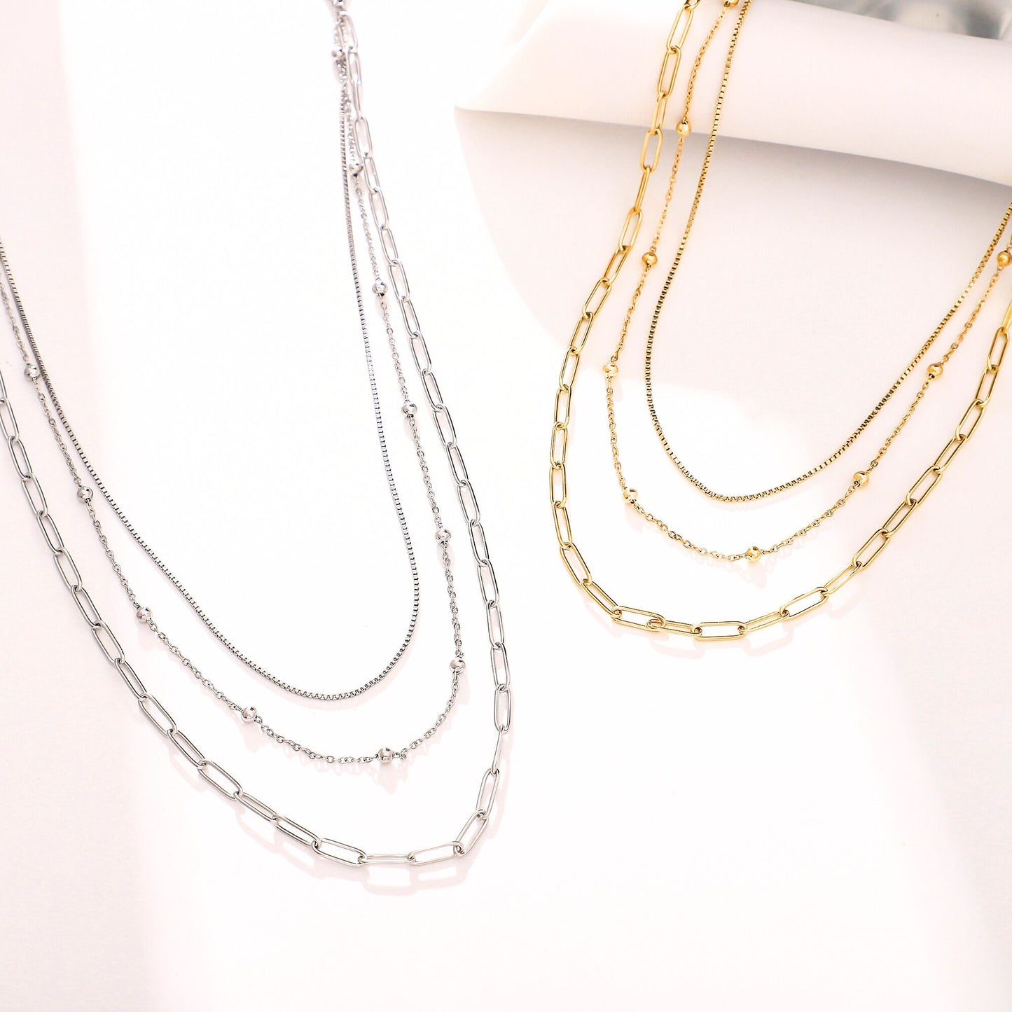 LayeredChainNecklaceforWomenbyGingerLyneGoldStainlessSteelBoxBeadandPaperclipChains_Gold-6