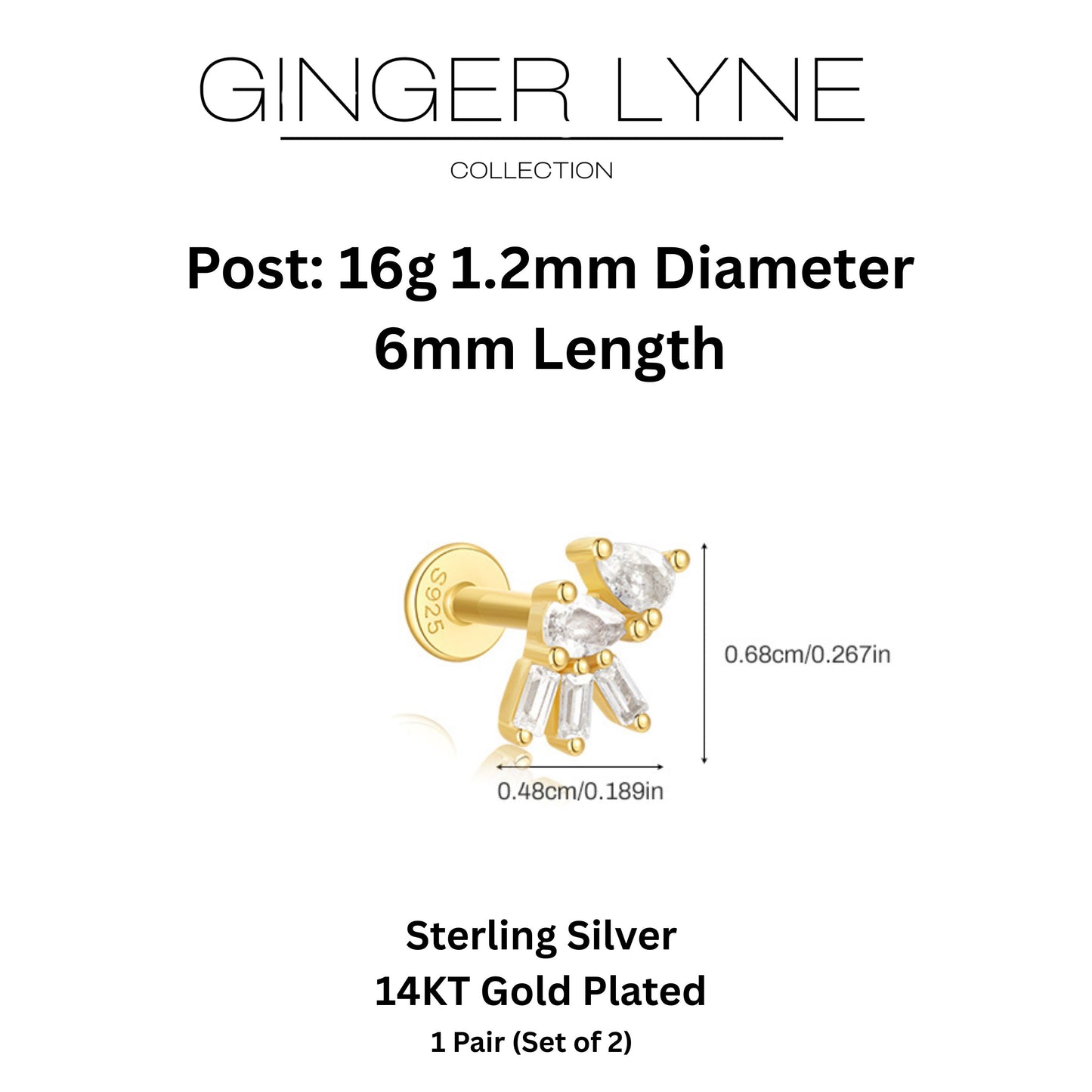PearBaguetteCZFlatBackEarringsforCartilageHelixTragusLobe16gGoldPlatedSterlingSilver1pairbyGingerLyne_Gold-5