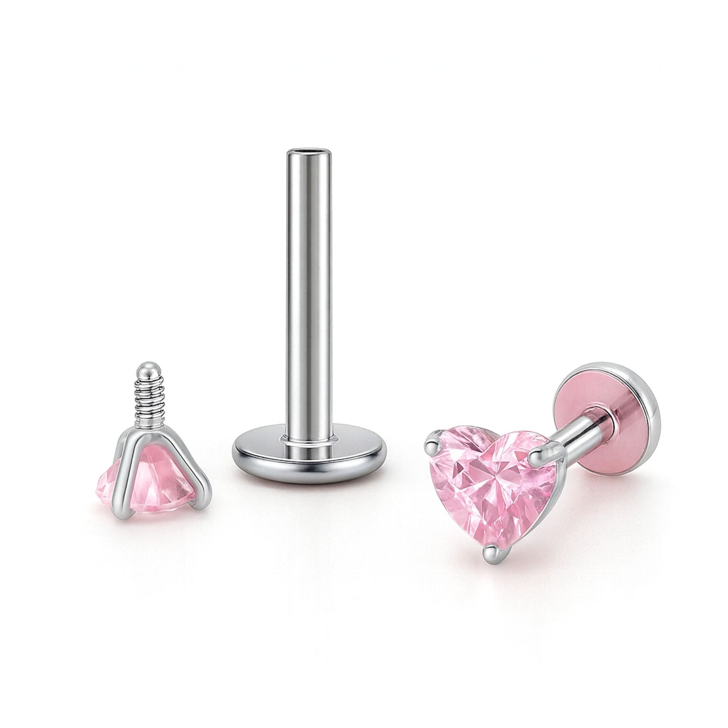 SmallHeartSolitaireFlatBackStudEarringsBodyPiercingsbyGingerLyne2Sets3mmCZStainlessSteel16g6mmand8mmLengths_Pink-1