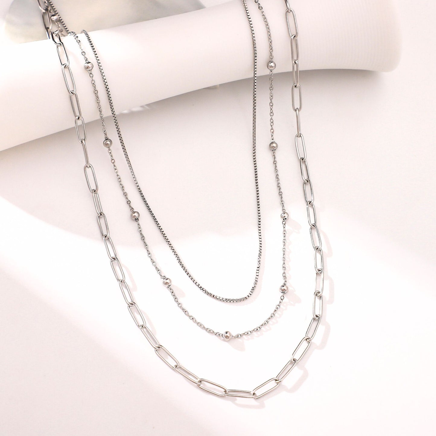 LayeredChainNecklaceforWomenbyGingerLyneGoldStainlessSteelBoxBeadandPaperclipChains_Silver-2