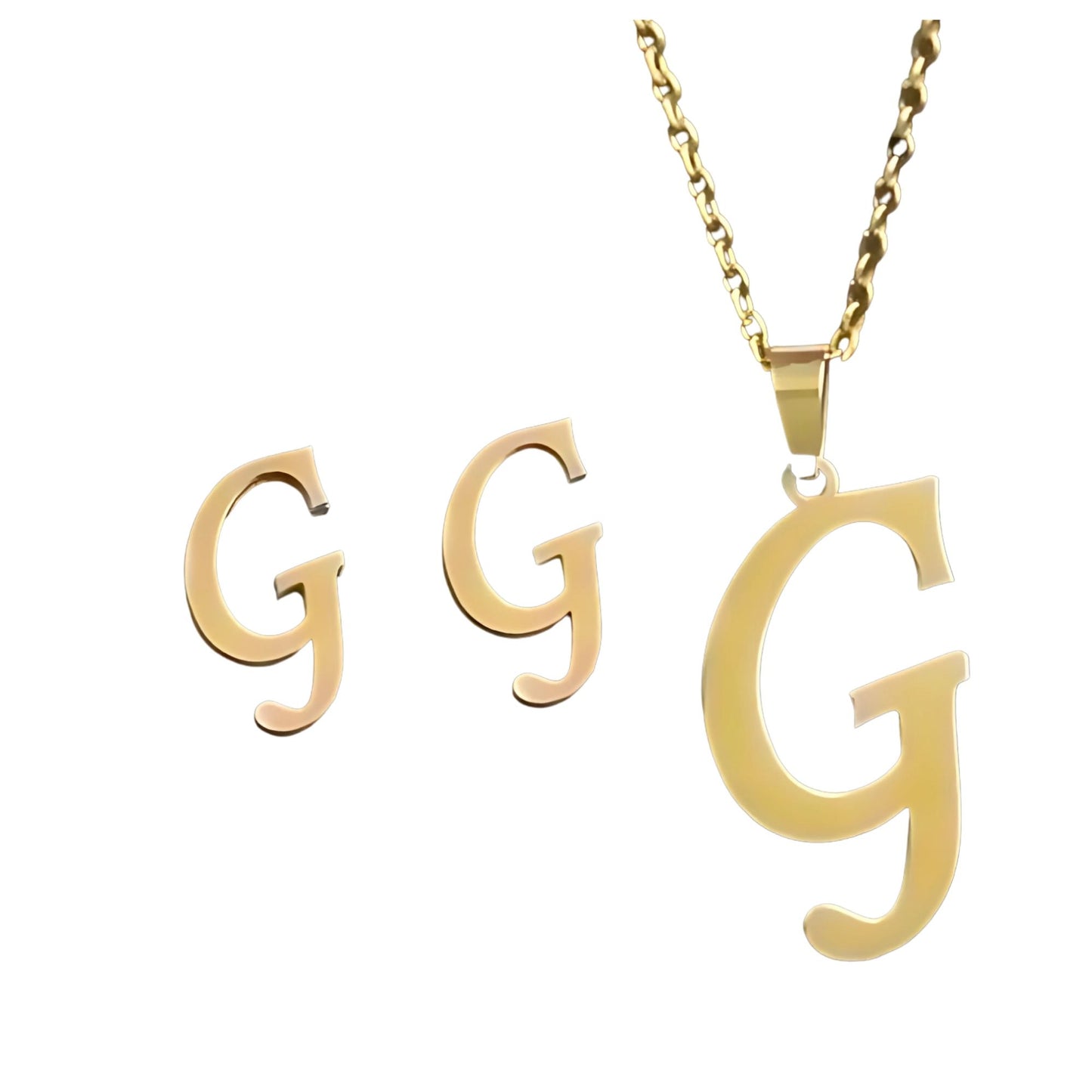 InitialLetterPendantNecklaceEarringsSetforWomenGoldPlatedStainlessSteelbyGingerLyne_G-1