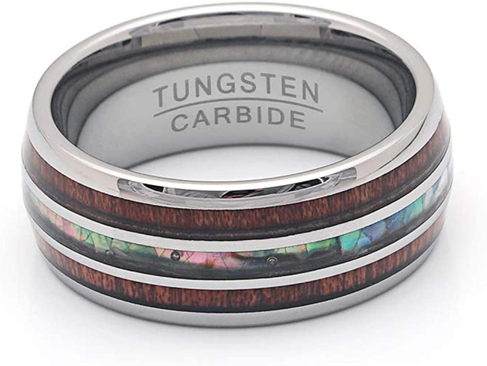 TungstenWeddingBandRing8mmMenWomenKoaWoodAbaloneGingerLyneCollection_Silver-2