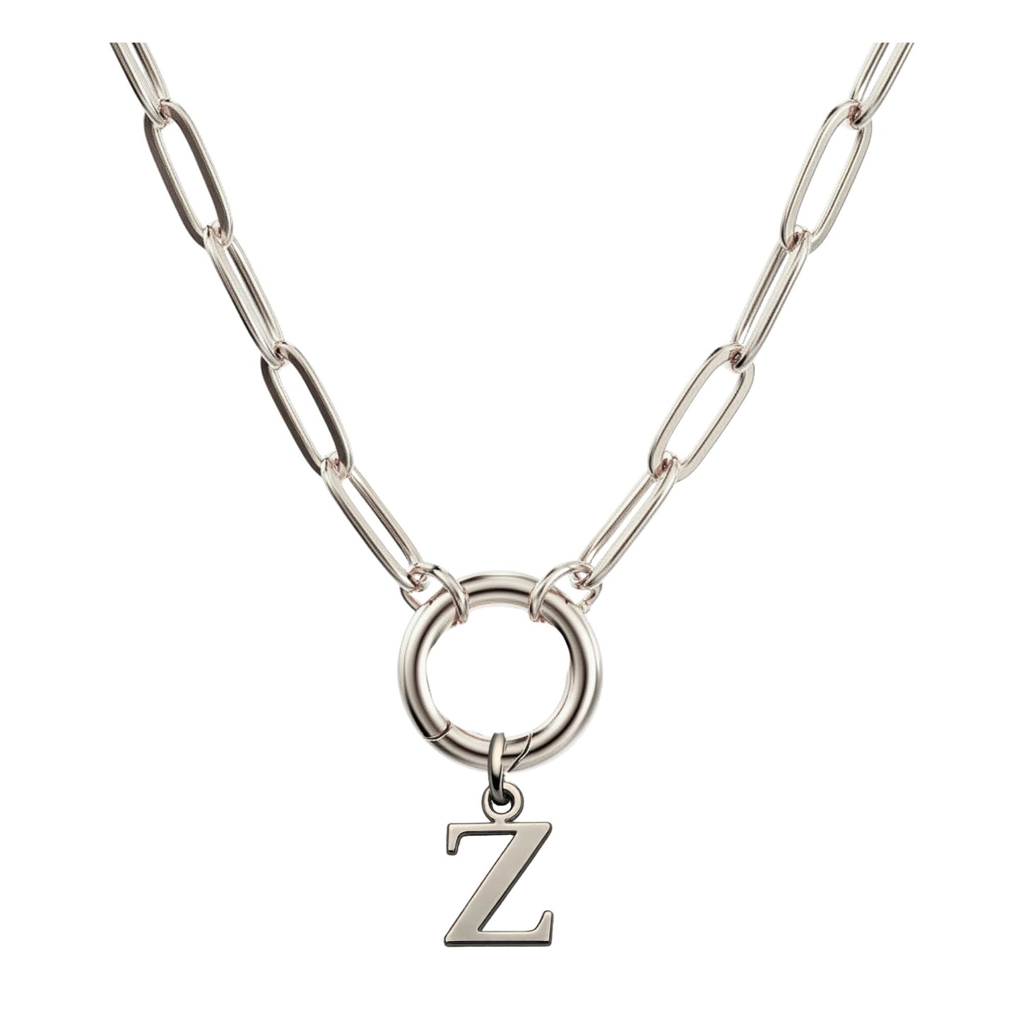 PaperclipLinkCircleCarabinerIntialLetterCharmHolderNecklaceforWomenStainlessSteel20"GingerLyne_Silver-Z-1