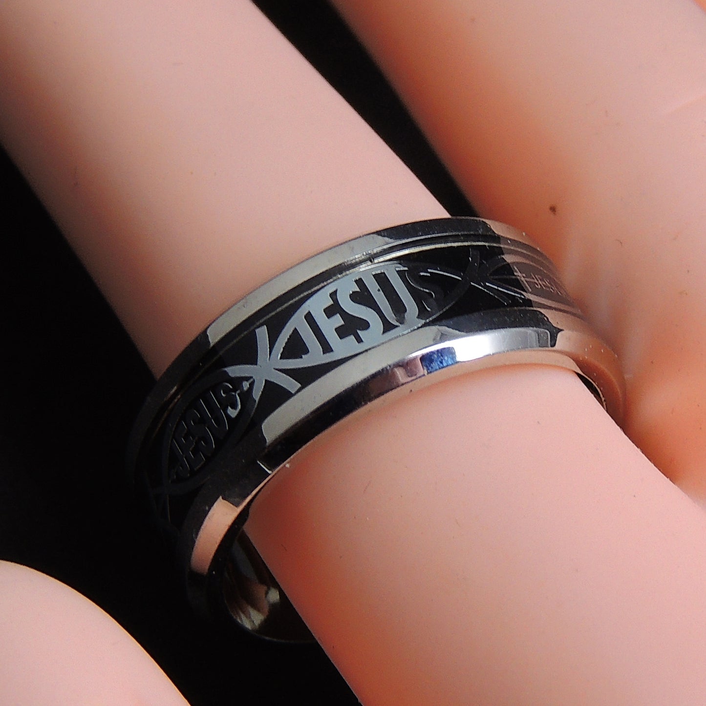 JesusFishWeddingBandforMenorWomen8mmStainlessSteelRingbyGingerLyneCollection_Black-4
