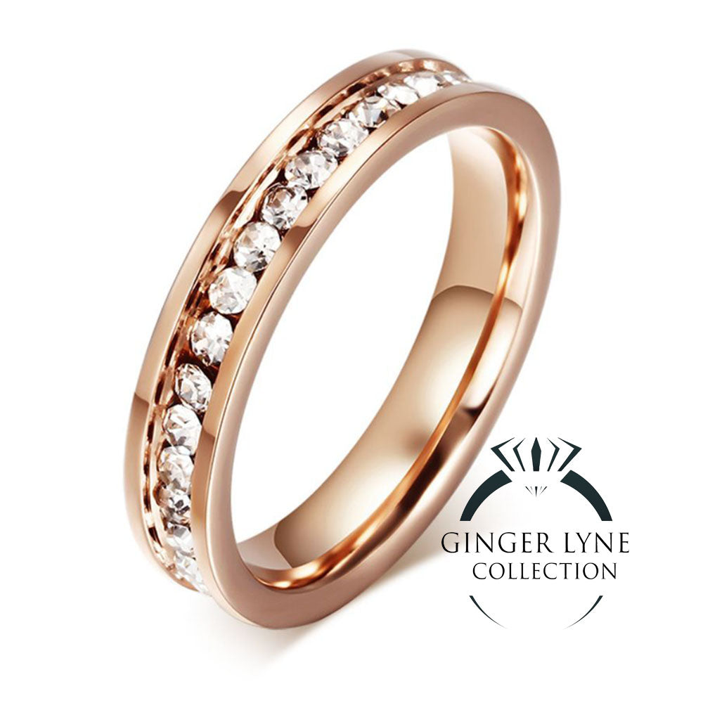 OneRowCzWeddingEternityBandRingSteelWomensMensGingerLyneCollection_RoseGold-5