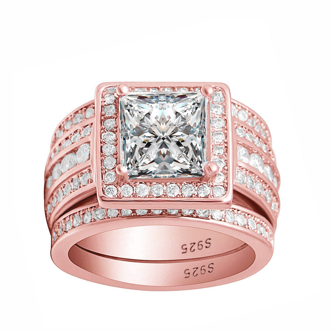 BeverlyWeddingRingSetHaloSterlingSilverEngagementRingBlackWeddingBandsGingerLyneCollection_RoseoverSilver-1