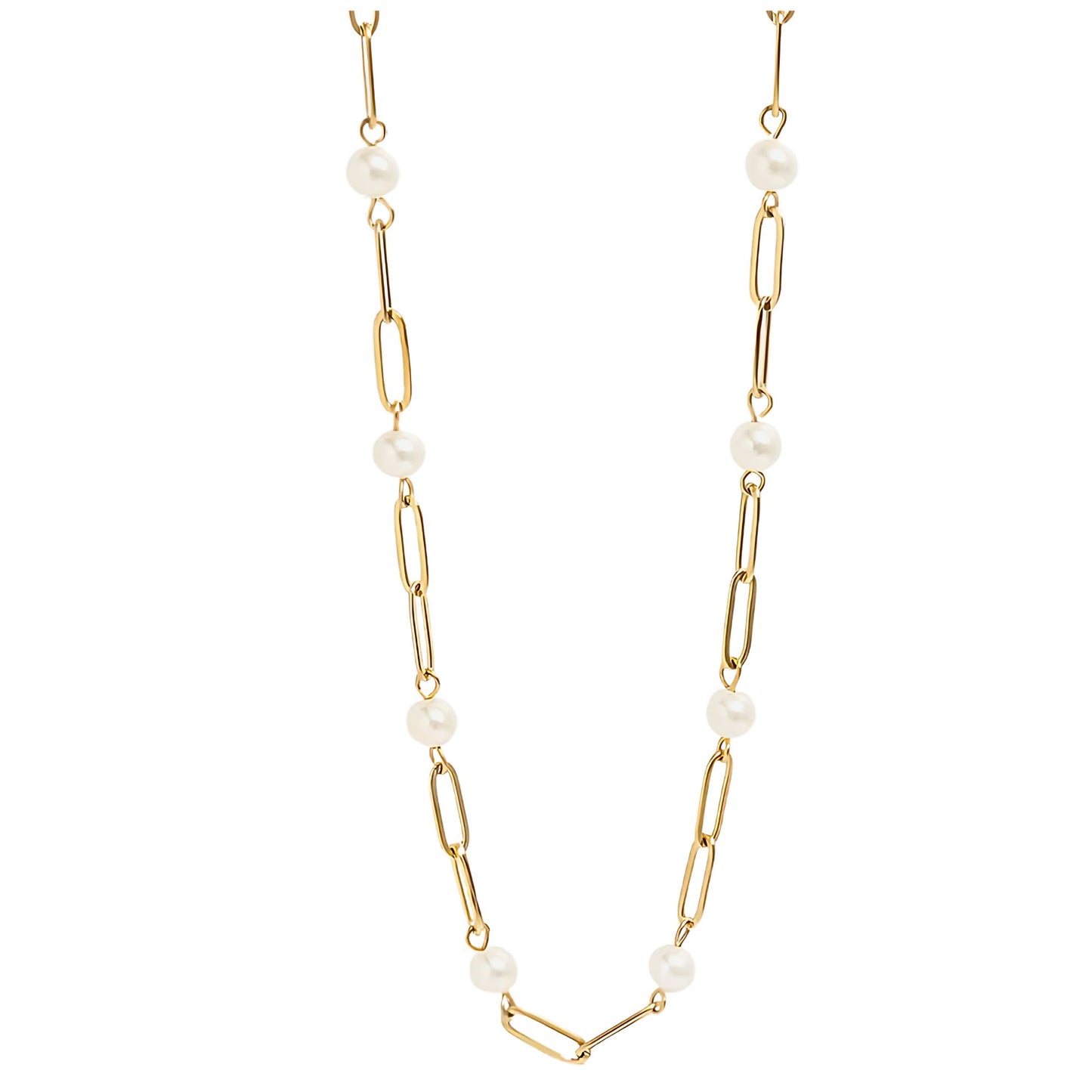 SimulatedPearlPaperclipChainNecklaceforWomenGoldStainlessSteelGingerLyneCollection_Gold-1