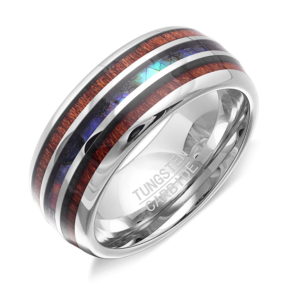 TungstenWeddingBandRing8mmMenWomenKoaWoodAbaloneGingerLyneCollection_Silver-1