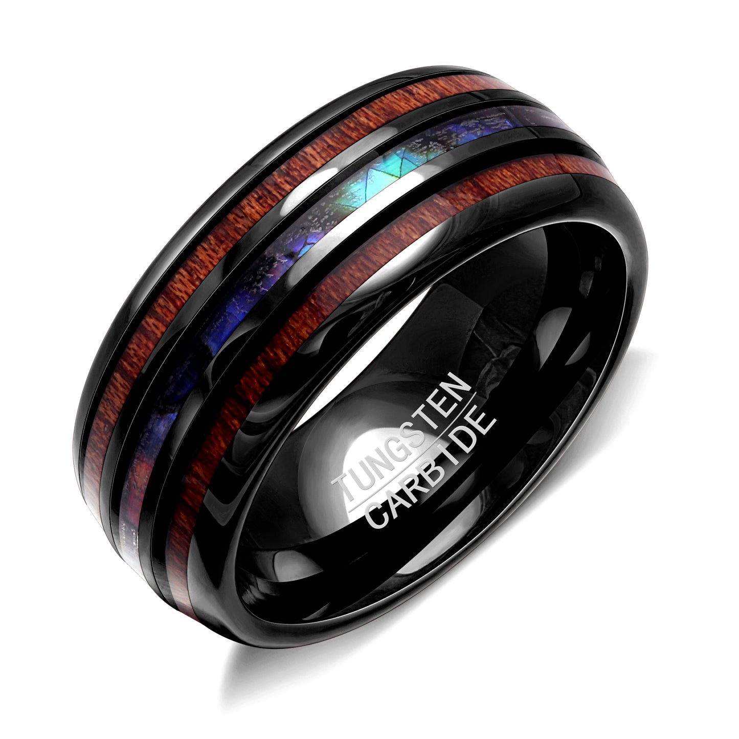 TungstenWeddingBandRing8mmMenWomenKoaWoodAbaloneGingerLyneCollection_Black-1