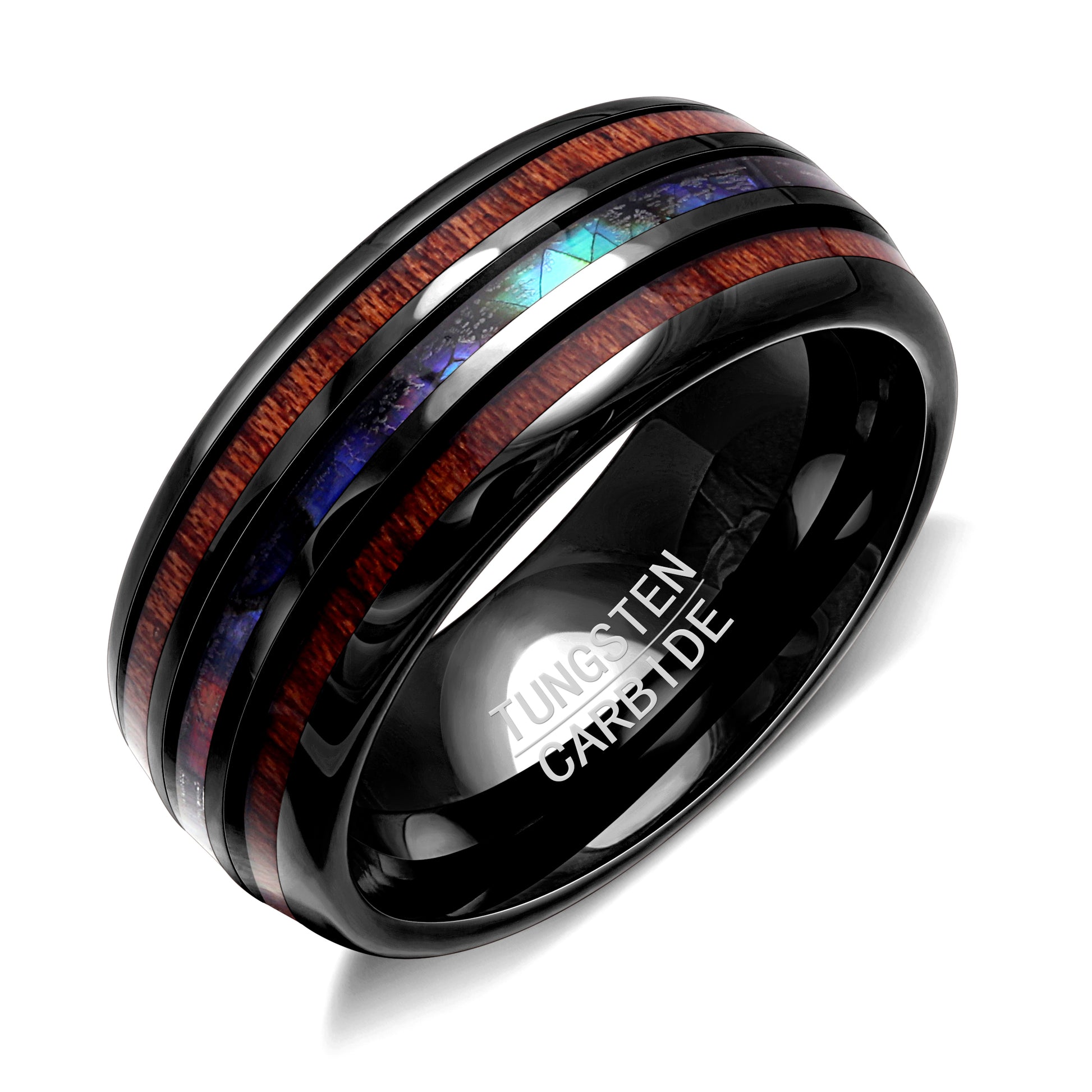 TungstenWeddingBandRing8mmMenWomenKoaWoodAbaloneGingerLyneCollection_Black-1