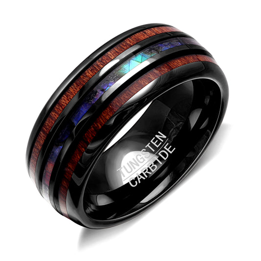 TungstenWeddingBandRing8mmMenWomenKoaWoodAbaloneGingerLyneCollection_Black-1