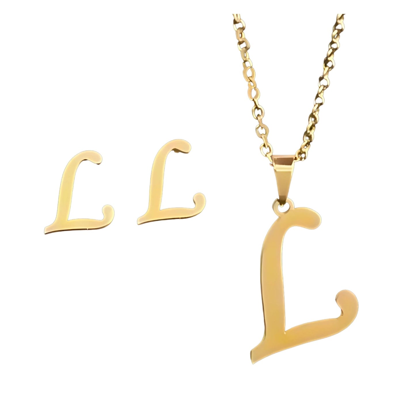 InitialLetterPendantNecklaceEarringsSetforWomenGoldPlatedStainlessSteelbyGingerLyne_L-1