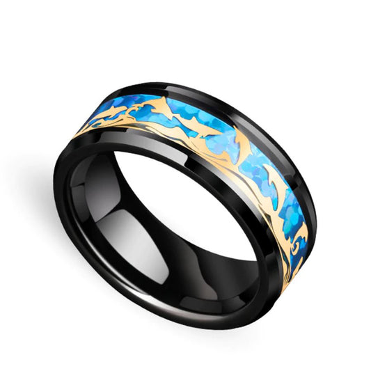 DolphinsOceanWavesSteelMensWomensWeddingBandRingGingerLyneCollection_Black-1