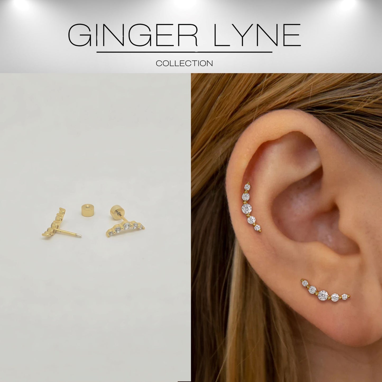 GraduatedCZCrawlerFlatBackEarringsforCartilageHelixTragusLobeGoldPlatedSterlingSilver1pairbyGingerLyne_Gold-2