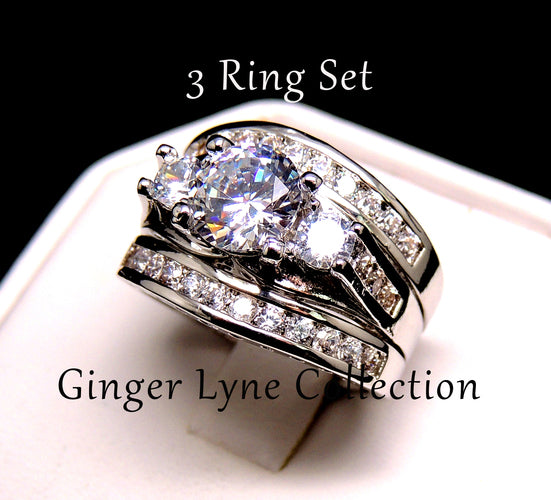 CarliWeddingRingSetforWomen3StoneEngagementRingMatchingBandGingerLyneCollection_Silver-2