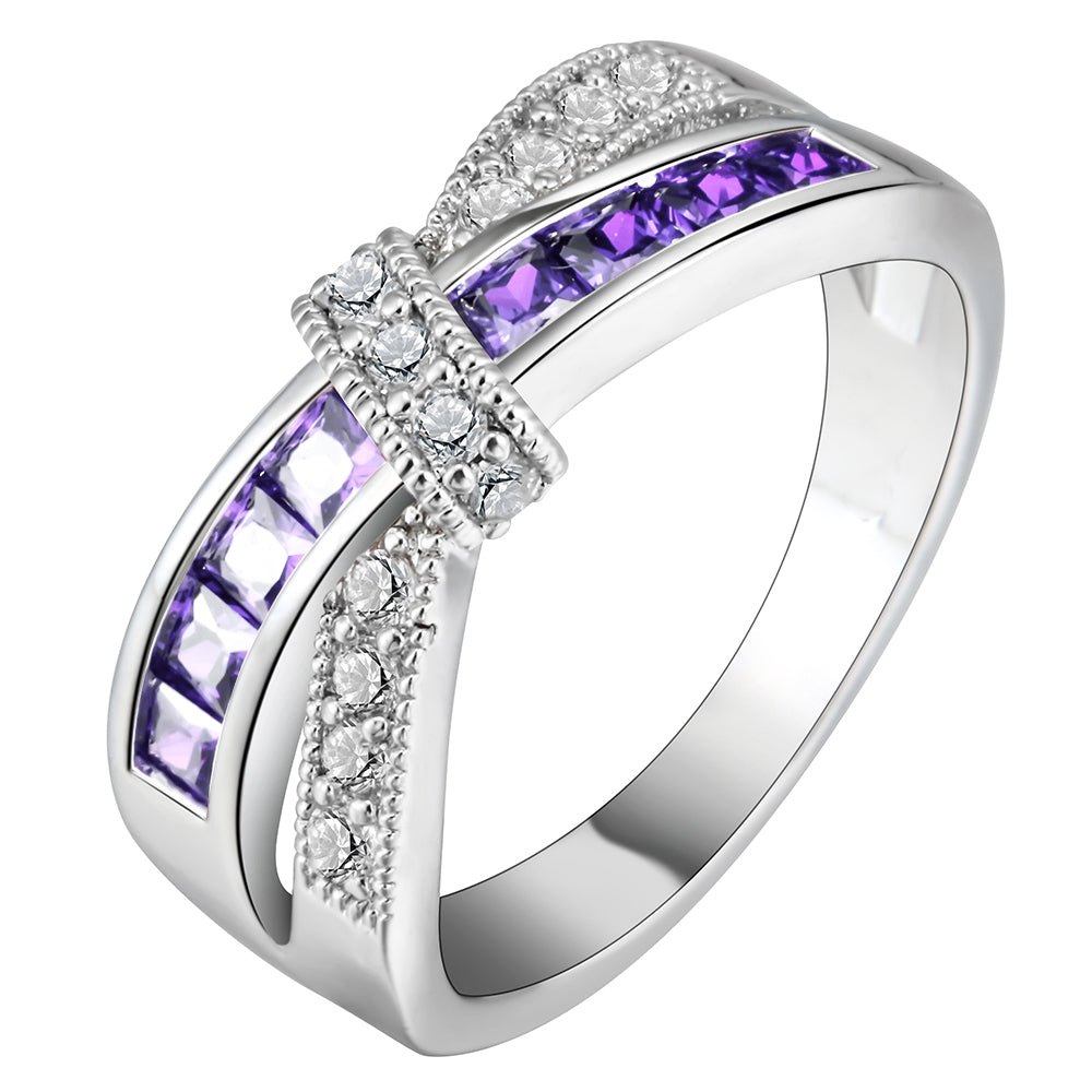 VerandaWeddingBandRingCrossKnotCzWgoldPlatedWomensGingerLyneCollection_Silver/Purple-1