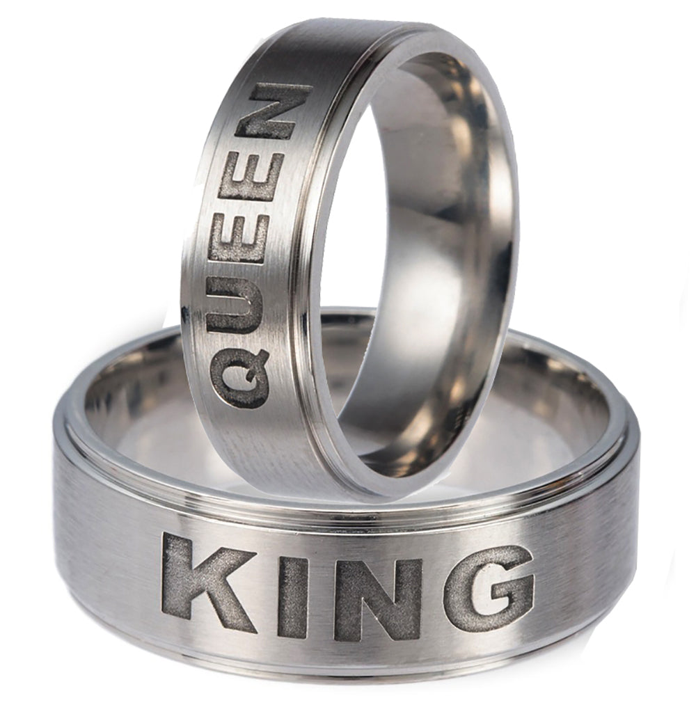 KingorQueen6or8mmStainlessSteelWeddingBandRingMenorWomenbyGingerLyne_Hers-Queen-1