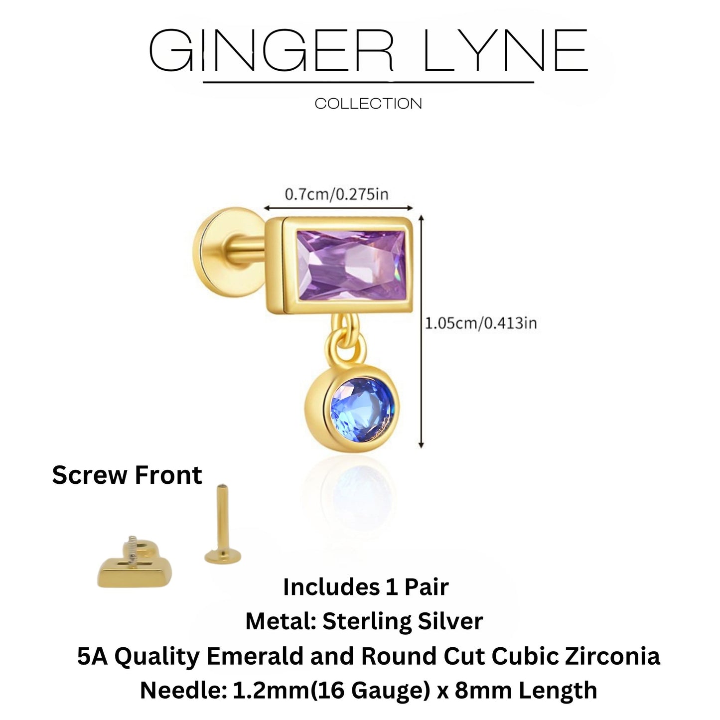 EmeraldCutCZFlatBackEarringsforCartilageHelixTragusLobeGoldPlatedSterlingSilver1pairbyGingerLyneCollection_Purple-4