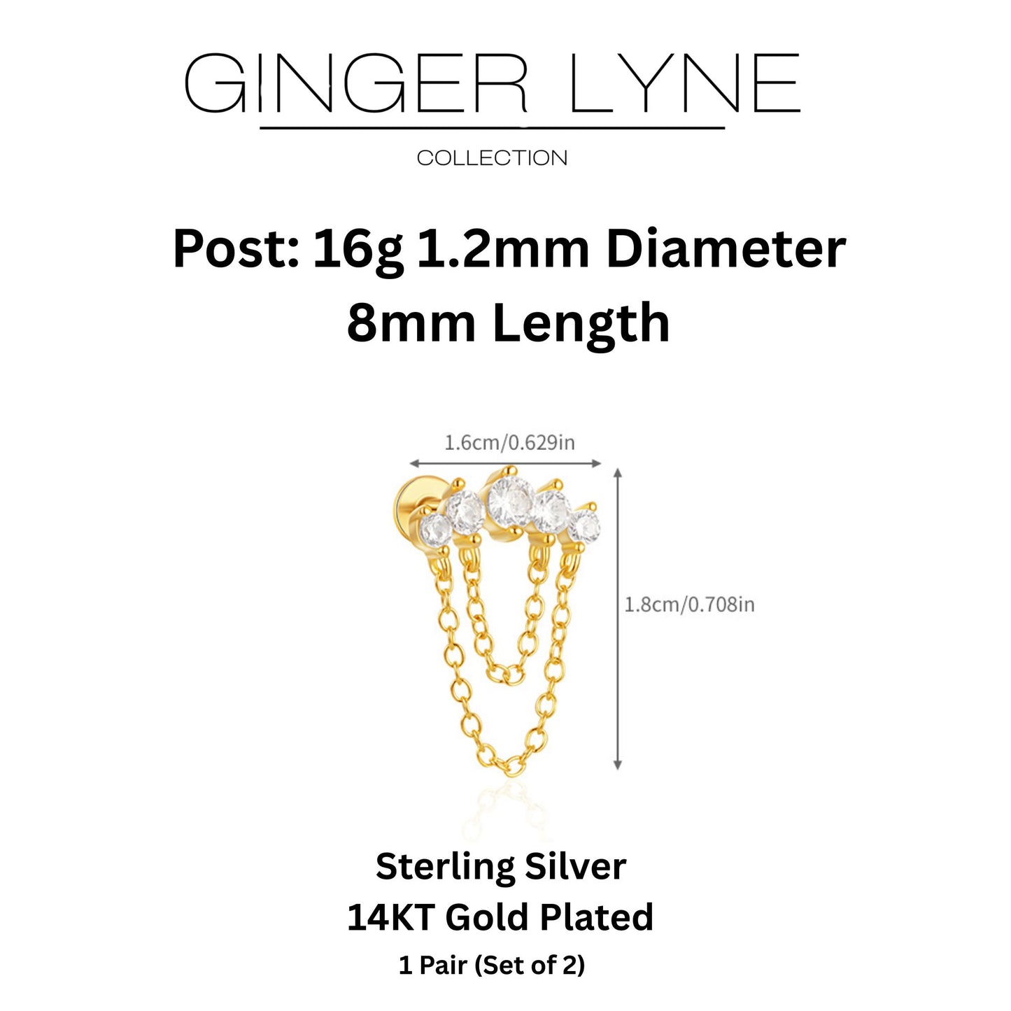 CrawlerwithChainsCZFlatBackEarrings16gCartilageHelixTragusLobeSterlingSilver1pairbyGingerLyne_Gold-4