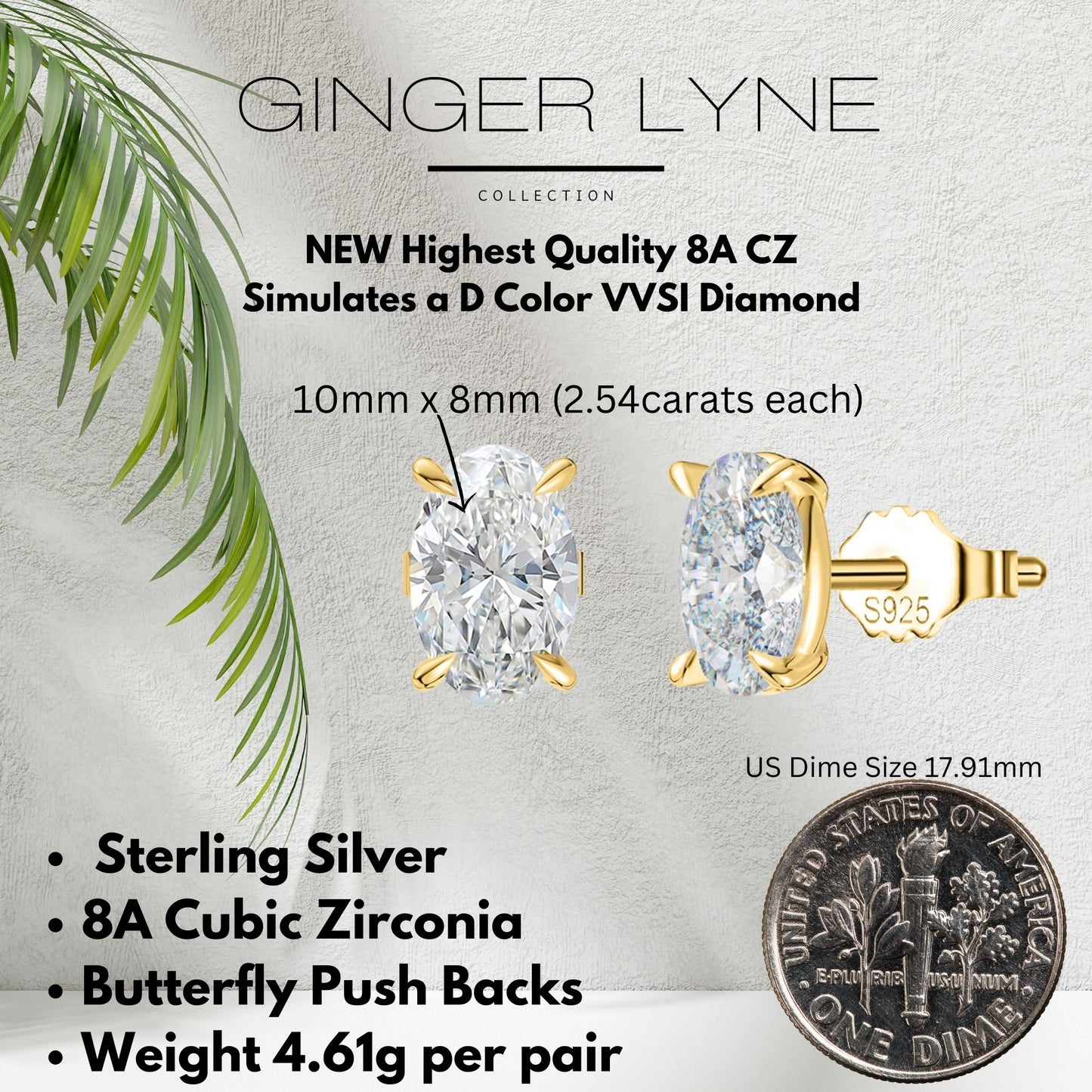 Oval Cut Stud Earrings for Women 5 Ct Simulated Diamond Sterling Silver Ginger Lyne - Gold