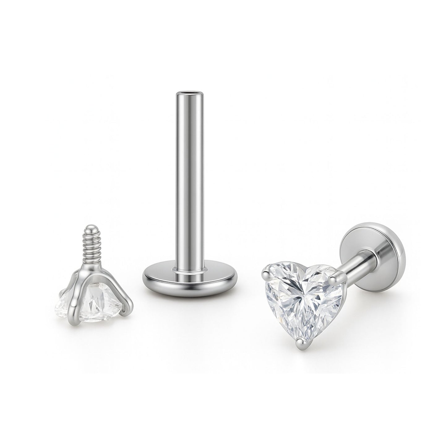 SmallHeartSolitaireFlatBackStudEarringsBodyPiercingsbyGingerLyne2Sets3mmCZStainlessSteel16g6mmand8mmLengths_Clear-1