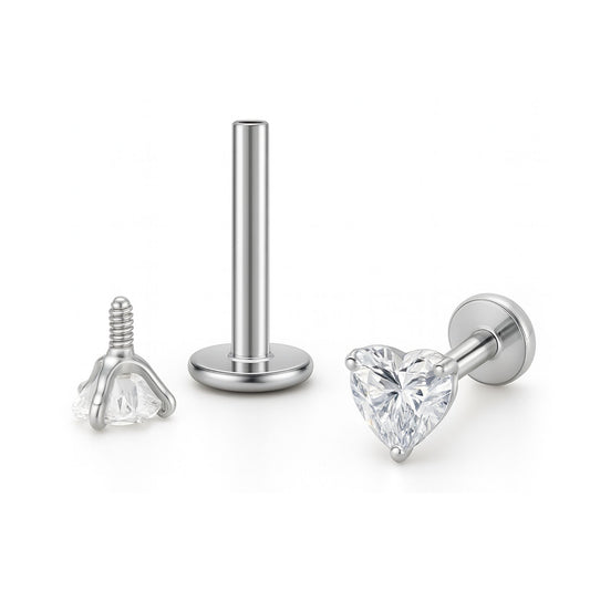 SmallHeartSolitaireFlatBackStudEarringsBodyPiercingsbyGingerLyne2Sets3mmCZStainlessSteel16g6mmand8mmLengths_Clear-1