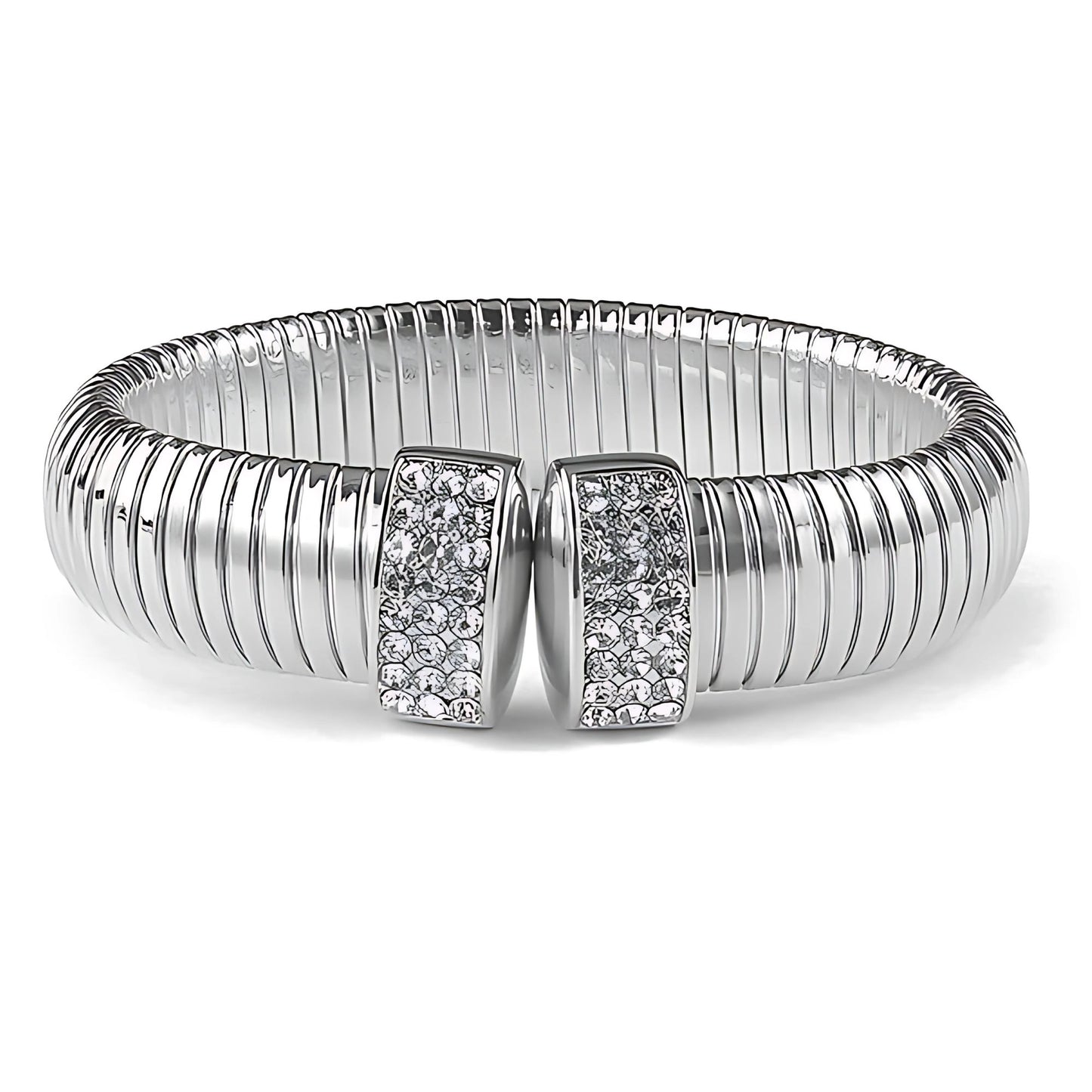 RibbedStretchBangleBraceletforWomenStainlessSteelCubicZirconiaCuffGingerLyneCollection_Silver-1
