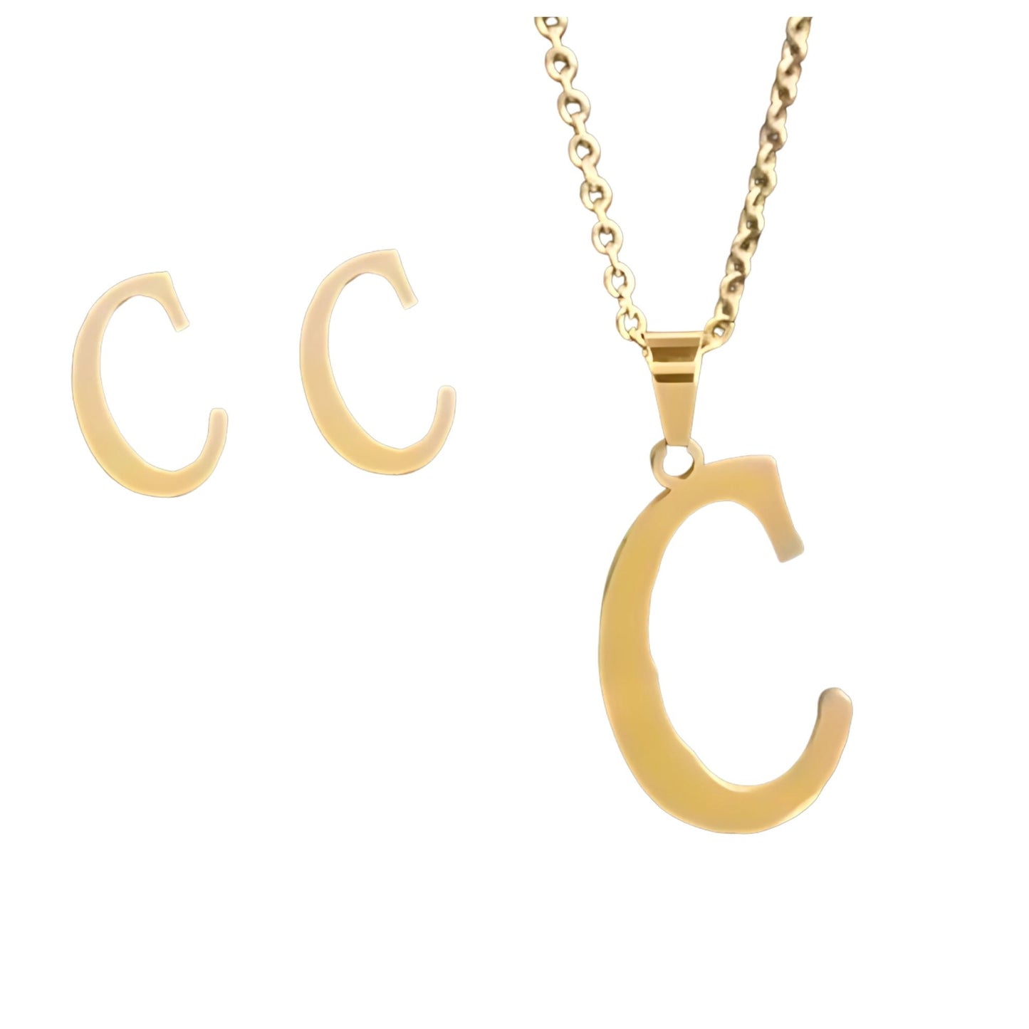 InitialLetterPendantNecklaceEarringsSetforWomenGoldPlatedStainlessSteelbyGingerLyne_C-1