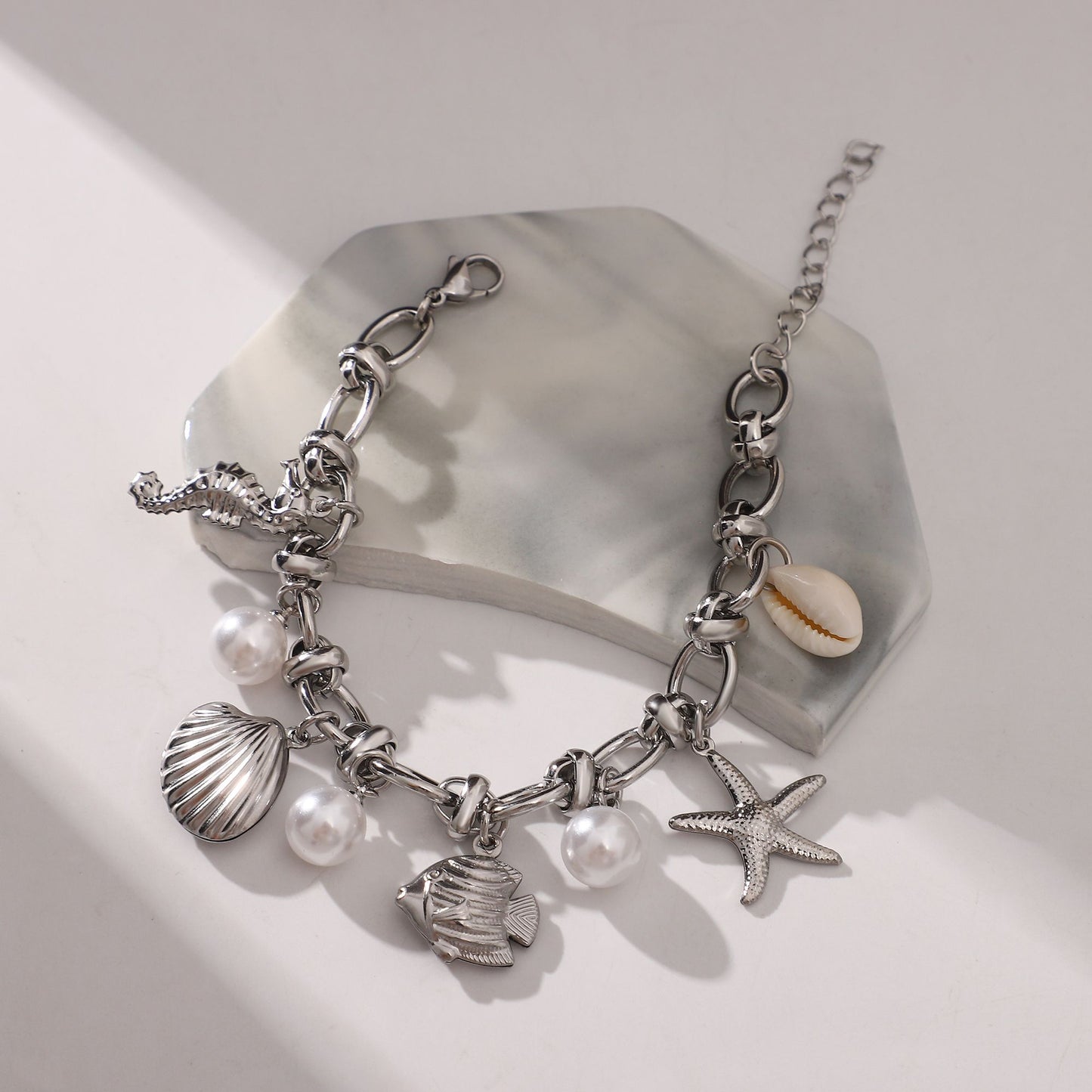 SeashellCharmBraceletforWomenbyGingerLyneGoldPlatedStainlessSteelPearlsStarfishandShells_Silver-7