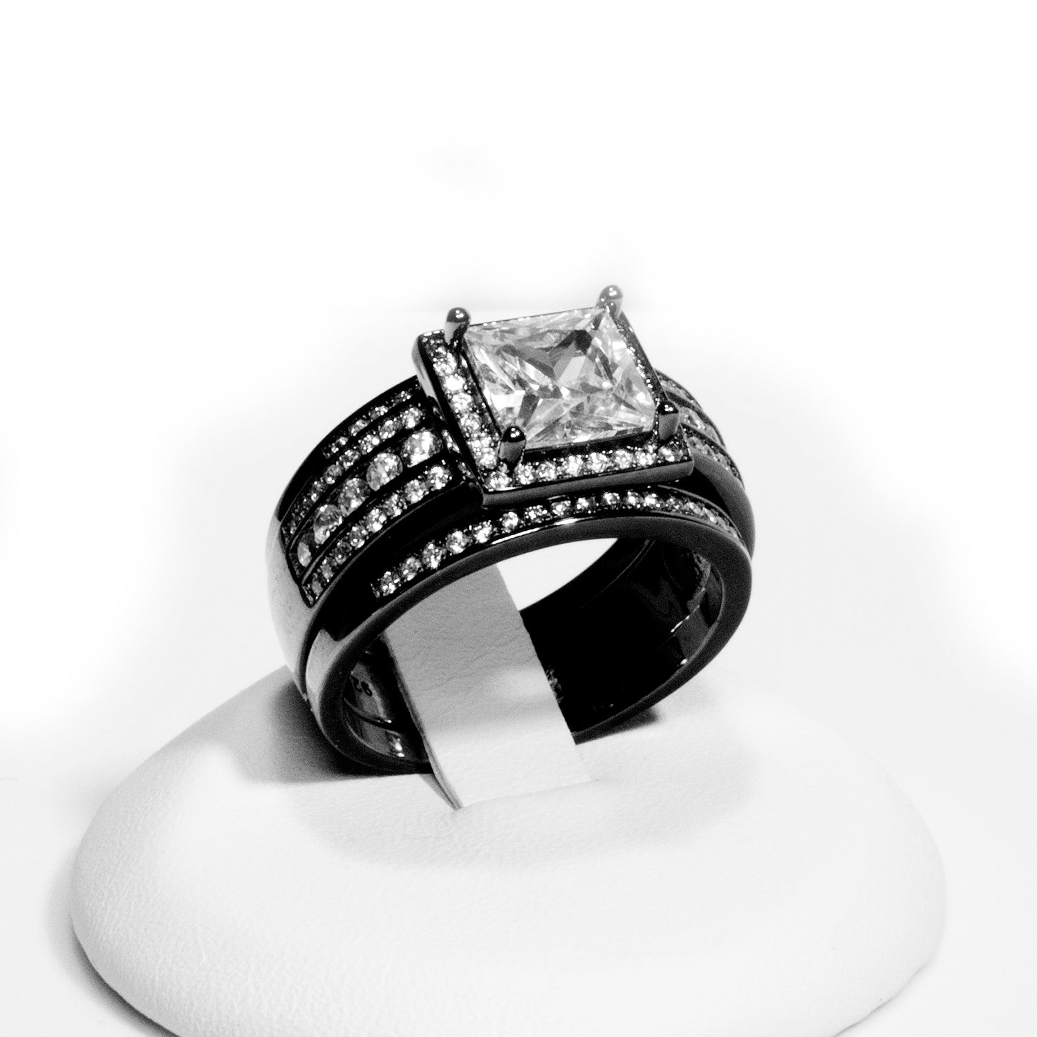 BeverlyWeddingRingSetHaloSterlingSilverEngagementRingBlackWeddingBandsGingerLyneCollection_BlackoverSilver-5