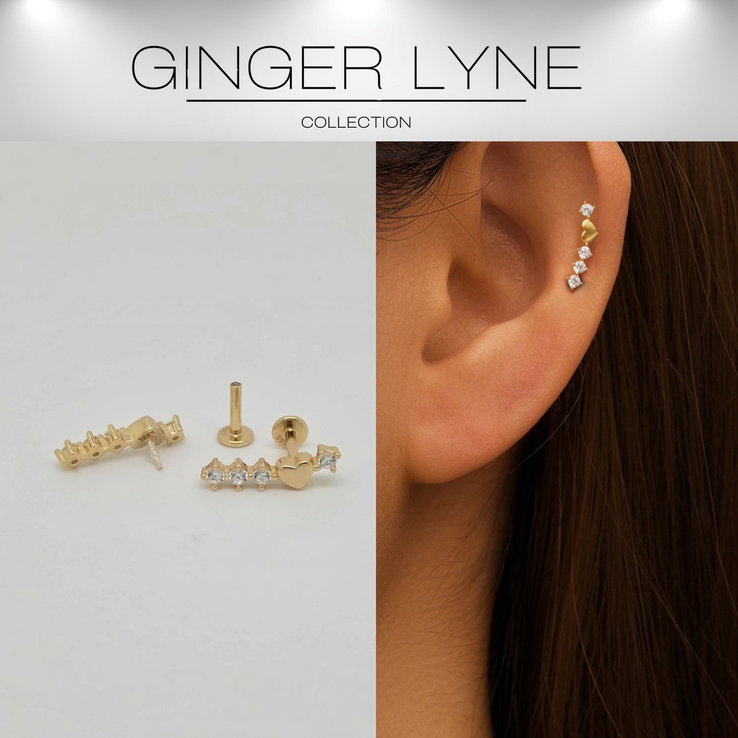 HeartCrawlerCZFlatBackEarringsforCartilageHelixTragusLobeGoldPlatedSterlingSilver1pairbyGingerLyne_Gold-2