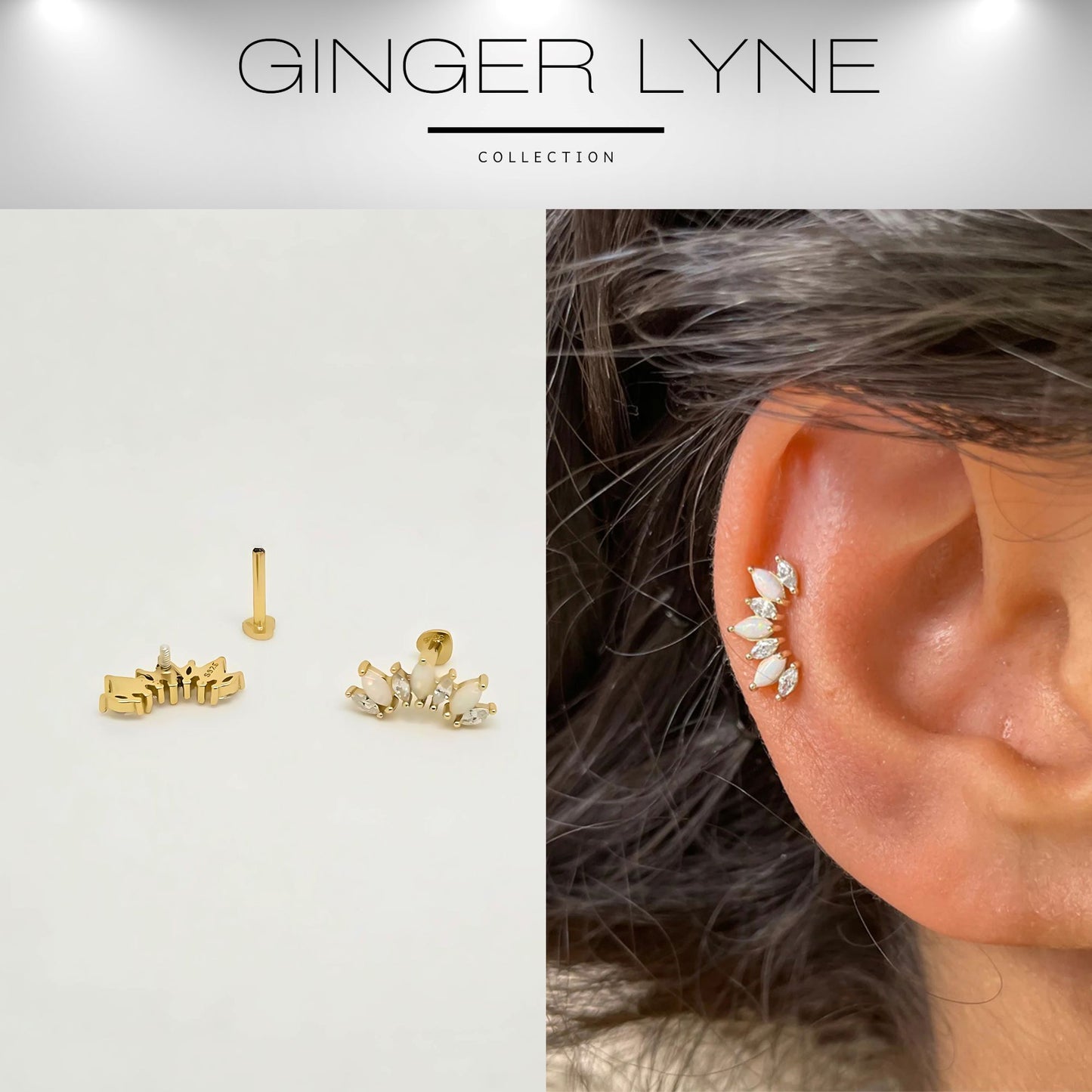 CreatedOpalFlatBackEarringsforCartilageHelixTragusLobe16GaugeGoldoverSterlingSilverStudsSetbyGingerLyne_White-2