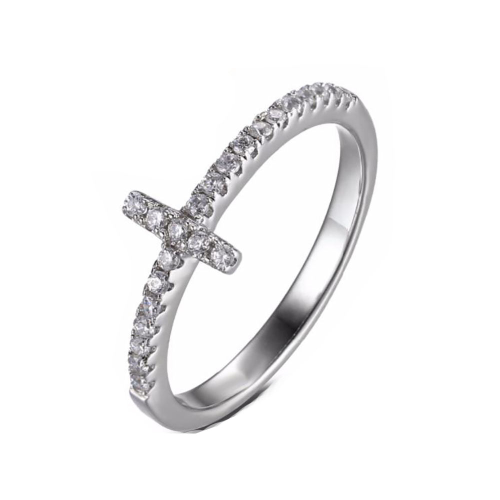 ClearCubicZirconiaCrossRingWhiteGoldPlatedFaithJewelrySize9forWomenbyGingerLyne_Silver-1
