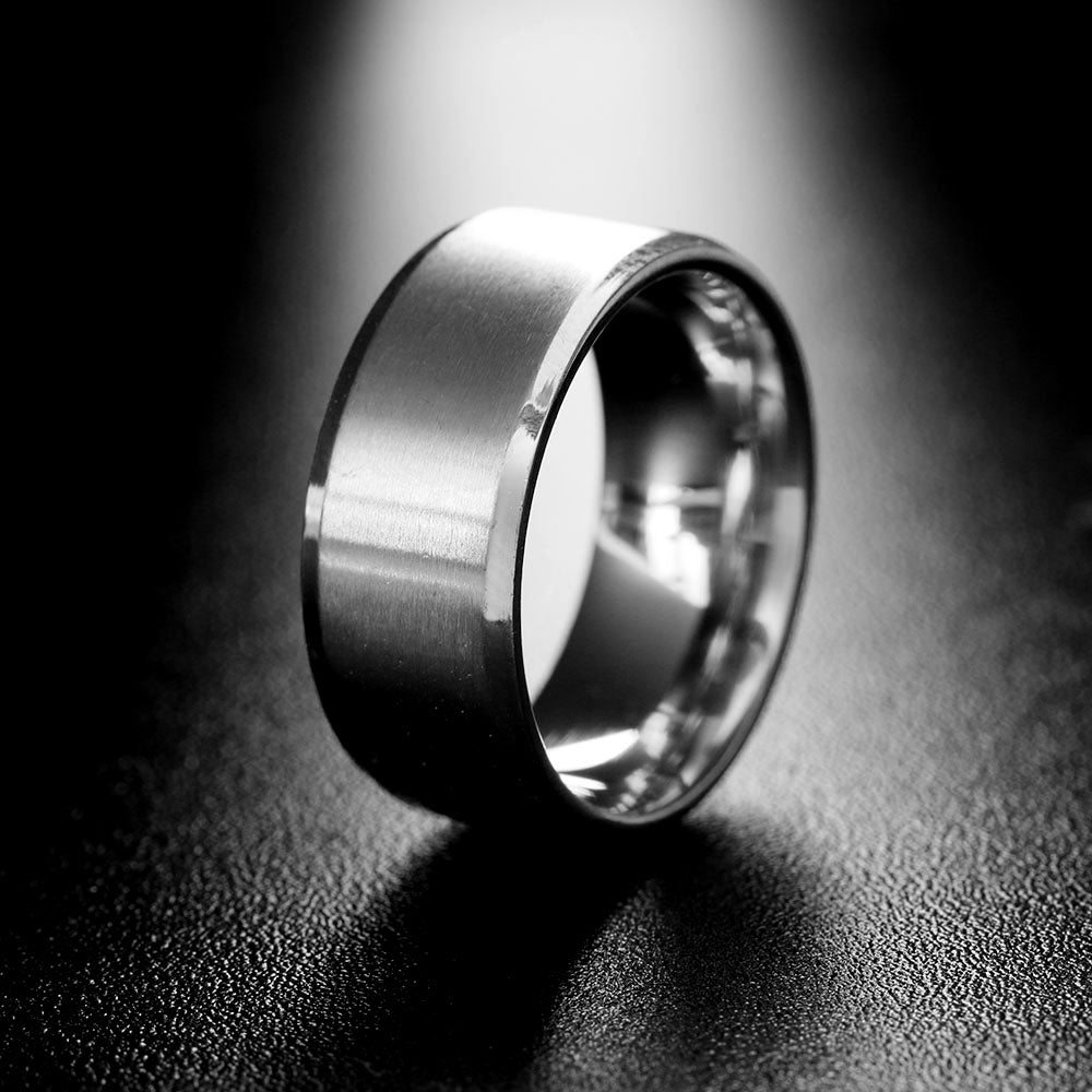 8mmWeddingBandRingWomensMensBlackStainlessSteelGingerLyneCollection_Silver-4