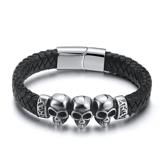 SkullsBraceletStainlessSteelBikerPunkGothLeatherMensGingerLyneCollection_Silver-1