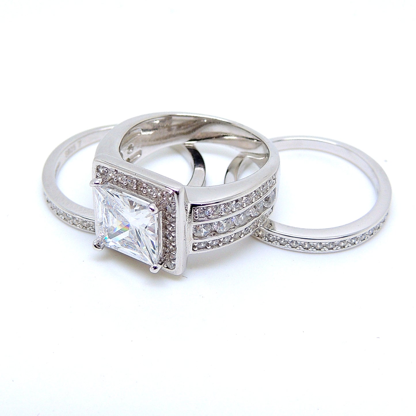 BeverlyWeddingRingSetHaloSterlingSilverEngagementRingBlackWeddingBandsGingerLyneCollection_WhiteGoldoverSilver-3