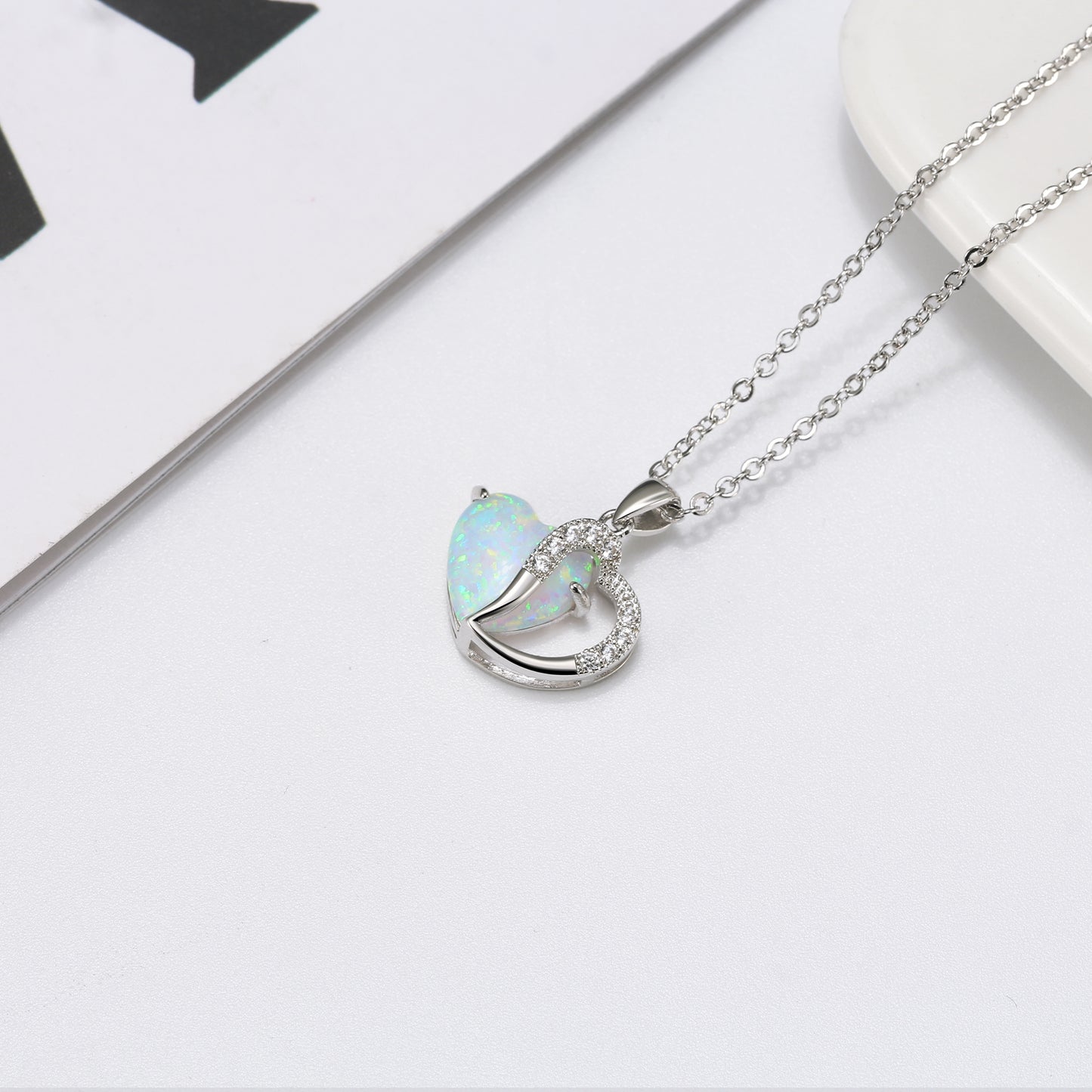 HeartShapeFireOpalCzPendantChainNecklaceforWomenGingerLyneCollection_White-3