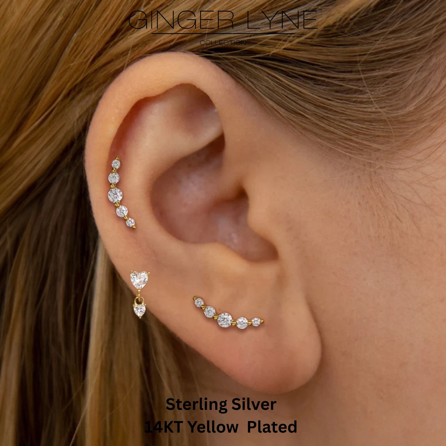 GraduatedCZCrawlerFlatBackEarringsforCartilageHelixTragusLobeGoldPlatedSterlingSilver1pairbyGingerLyne_Gold-4