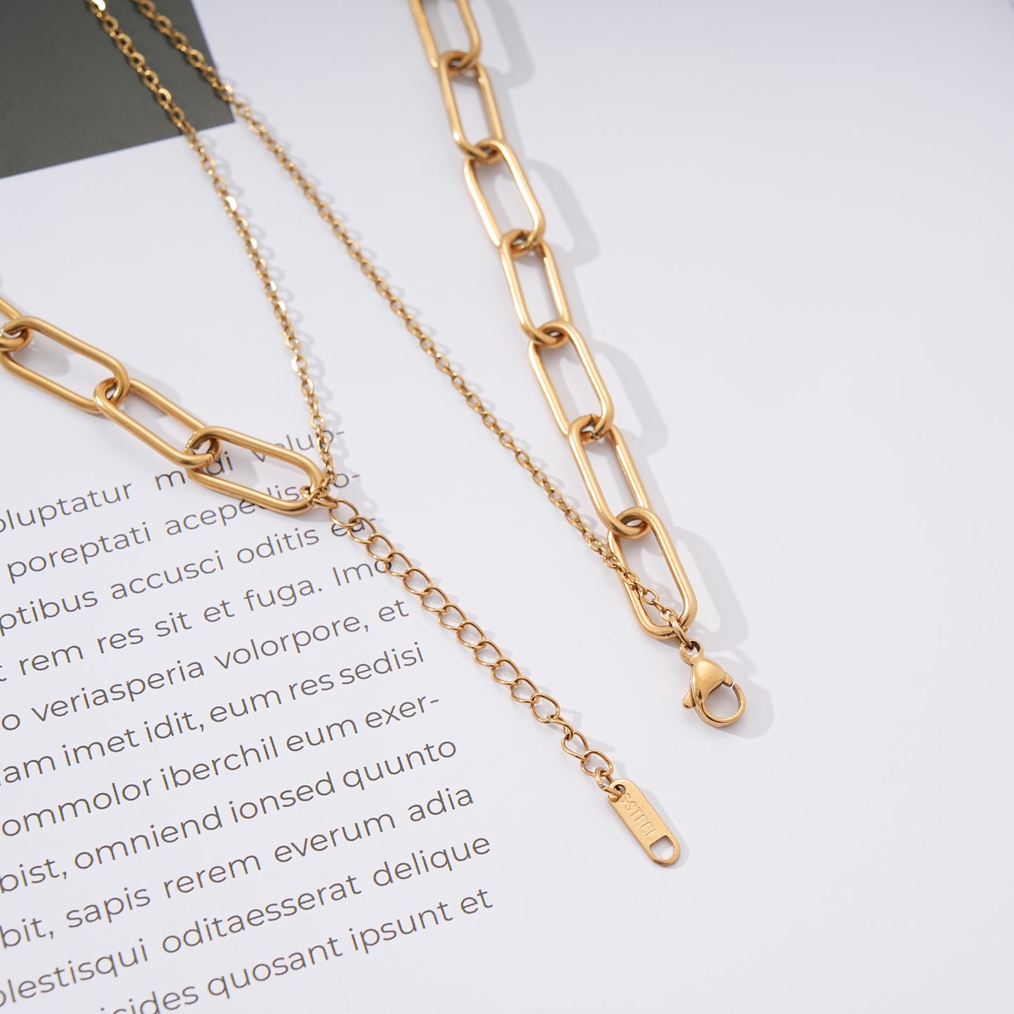 Paperclip Chain Layered Necklace for Women Heart Lock Pendant Gold over Stainless Steel Adjustable up to 21"