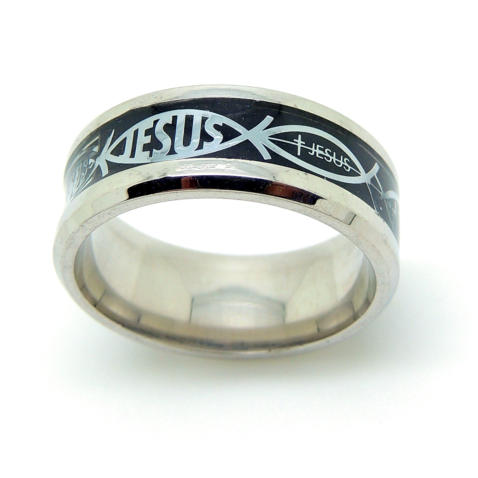 JesusFishWeddingBandforMenorWomen8mmStainlessSteelRingbyGingerLyneCollection_Black-2