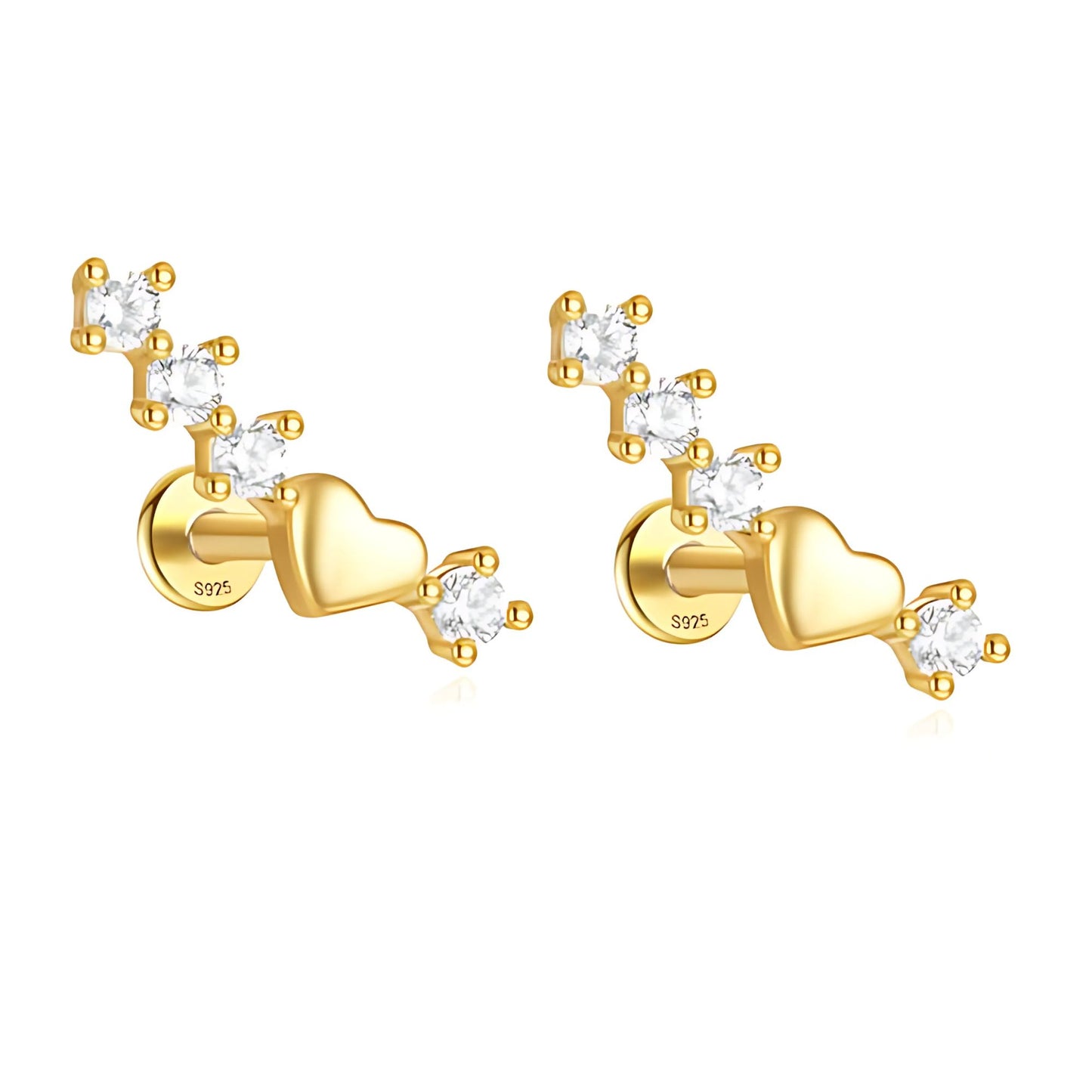HeartCrawlerCZFlatBackEarringsforCartilageHelixTragusLobeGoldPlatedSterlingSilver1pairbyGingerLyne_Gold-1