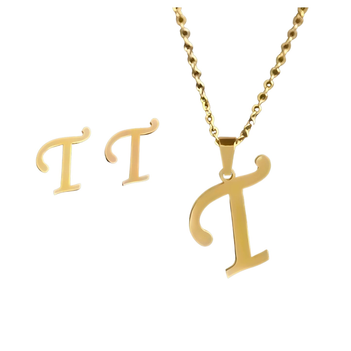 InitialLetterPendantNecklaceEarringsSetforWomenGoldPlatedStainlessSteelbyGingerLyne_T-1