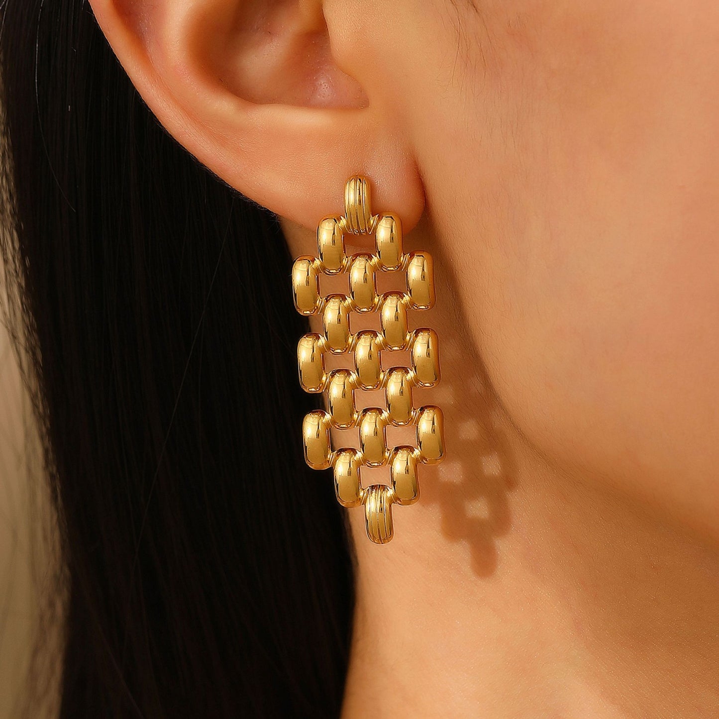 MeshDropEarringsforWomenbyGingerLyneGoldStainlessSteelSolidNon-FlexibleStud_Gold-4
