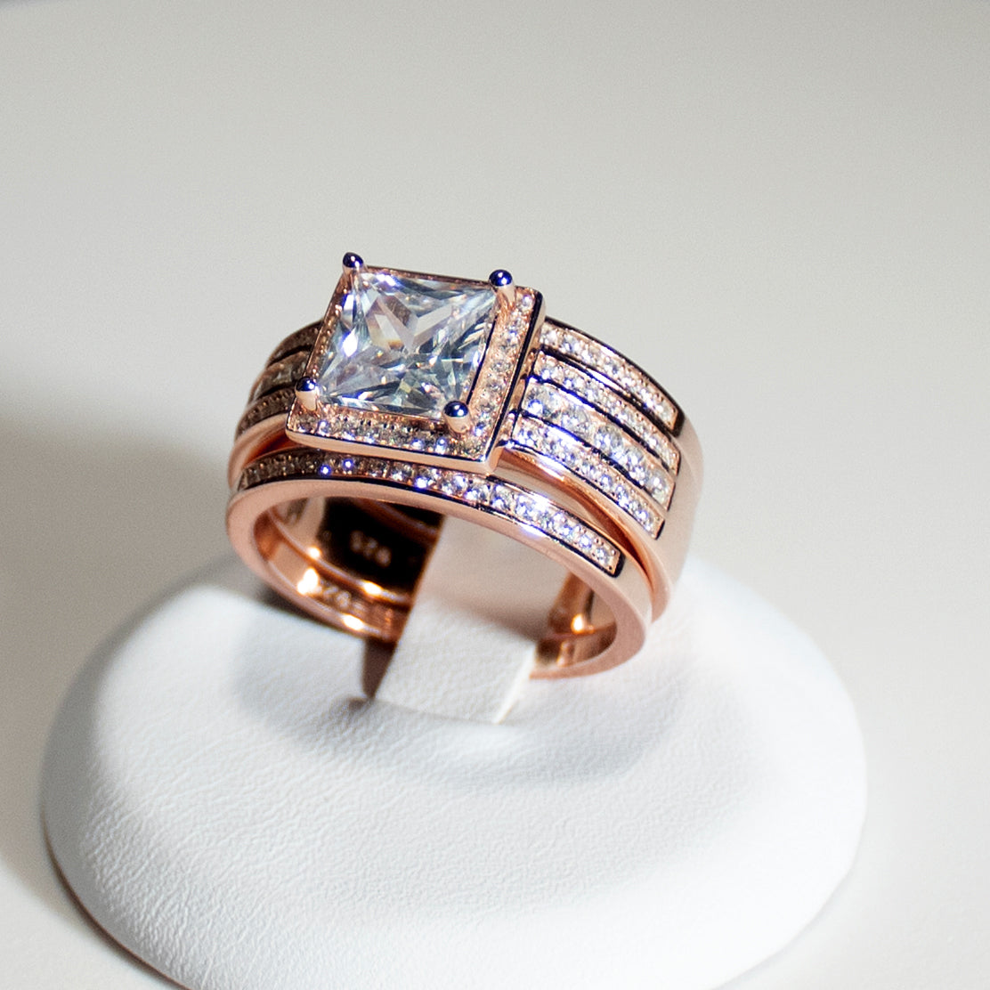 BeverlyWeddingRingSetHaloSterlingSilverEngagementRingBlackWeddingBandsGingerLyneCollection_RoseoverSilver-5