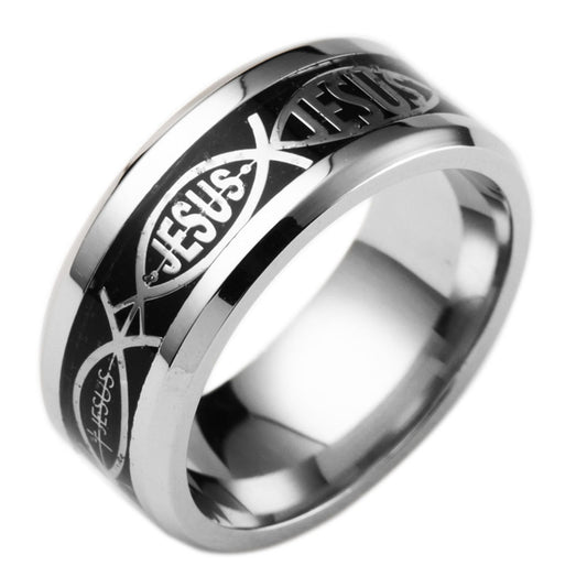 JesusFishWeddingBandforMenorWomen8mmStainlessSteelRingbyGingerLyneCollection_Black-1