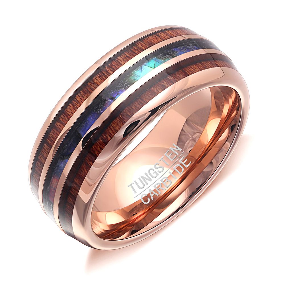 TungstenWeddingBandRing8mmMenWomenKoaWoodAbaloneGingerLyneCollection_Rose-1
